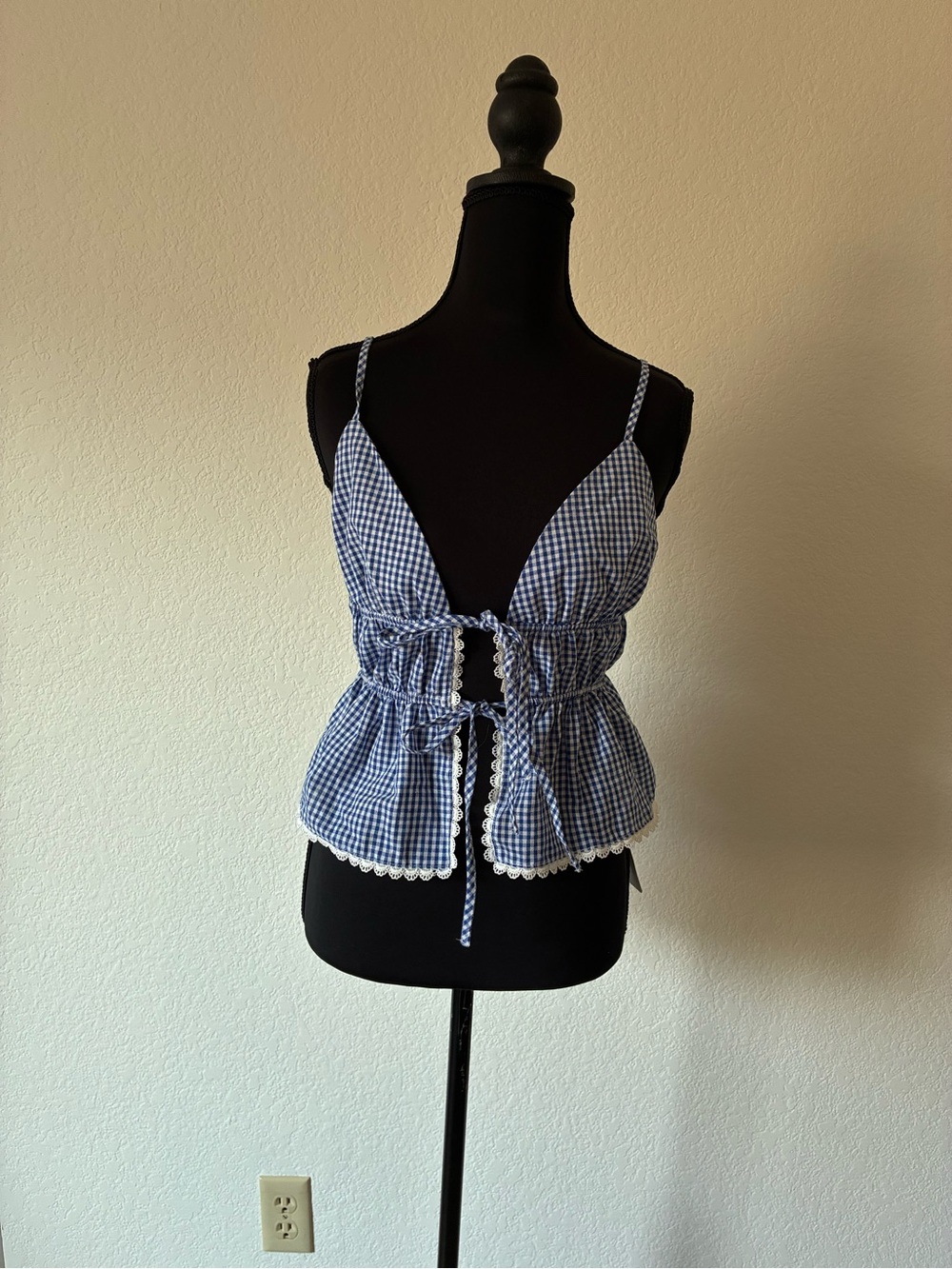 Blue Gingham Tie-Front Spaghetti Strap Tank Top Cottagecore Americana Festival